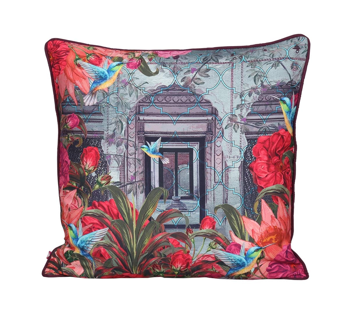 Trapped Bluebird Satin Blend Cushion Cover