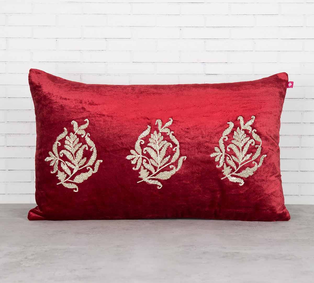 Trickles of Flower Crimson Embroidered Velvet Cushion Cover