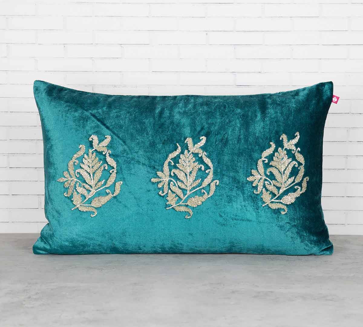 Trickles of Flower Peacock Green Embroidered Velvet Cushion Cover
