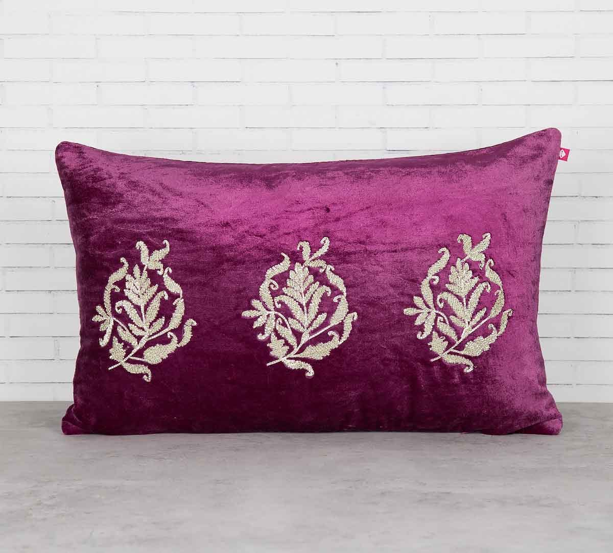 Trickles of Flower Purple Embroidered Velvet Cushion Cover