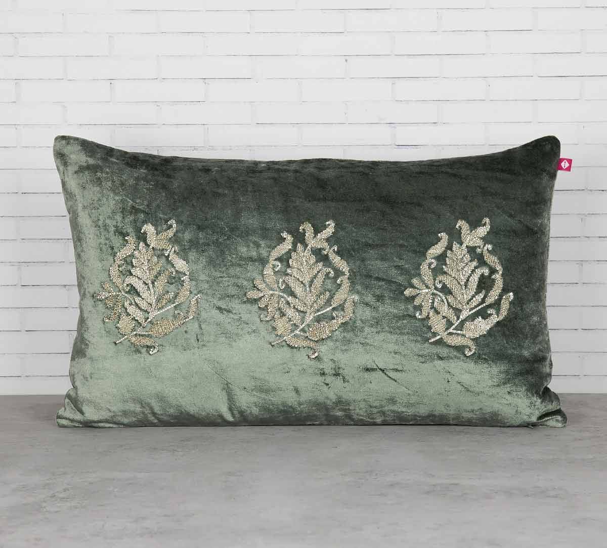 Trickles of Flower Siege Green Embroidered Velvet Cushion Cover
