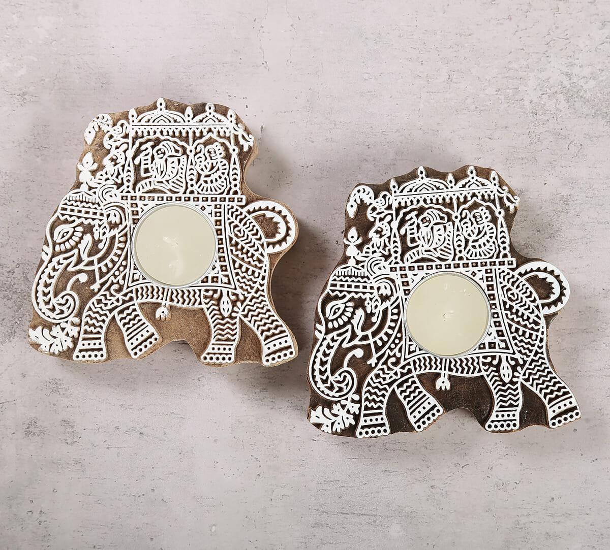 Tusker Chariot Wooden Engraved Tea Light Holder Set of 2