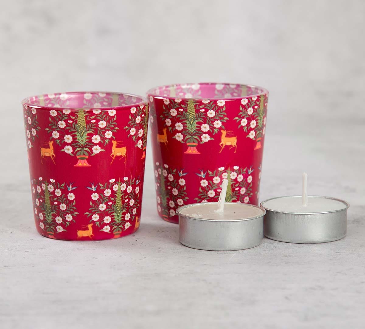 Deer and Conifer Garden Tea Light Holder Set of 2