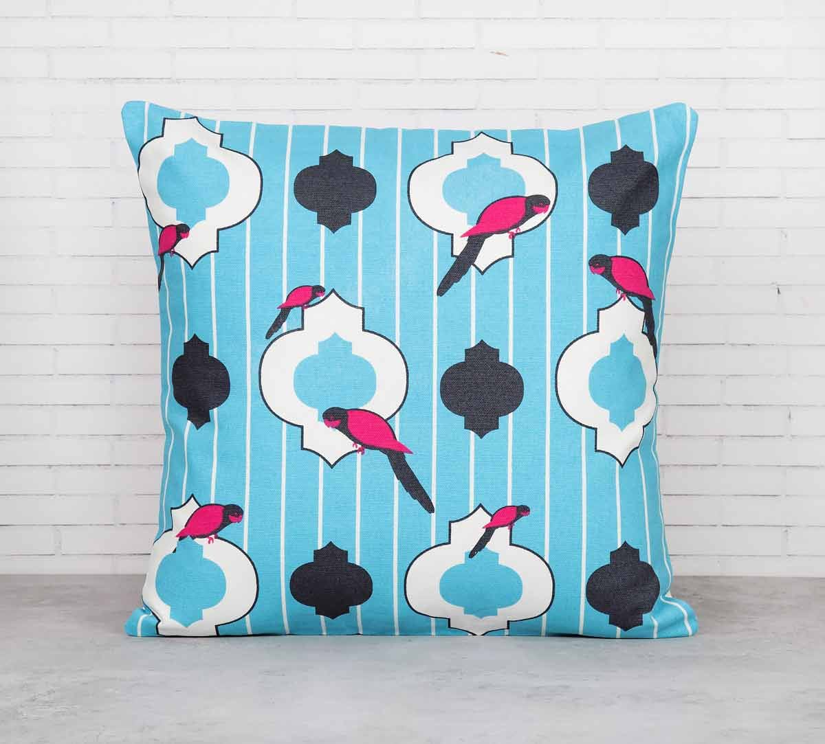 Peeking Parrots Turquoise Cotton Cushion Cover