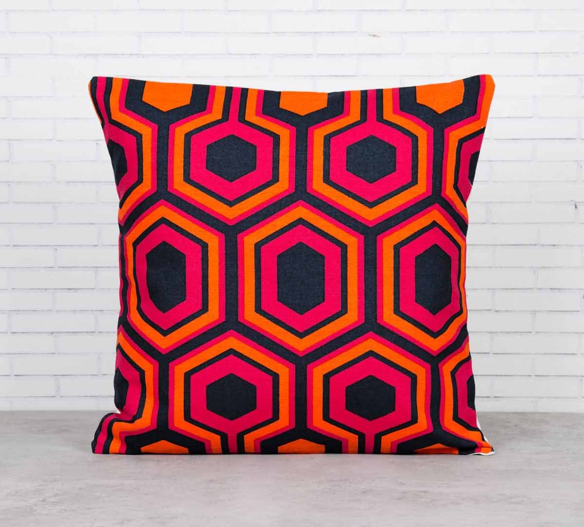 Prismatic Hexagons Crimson Cotton Cushion Cover