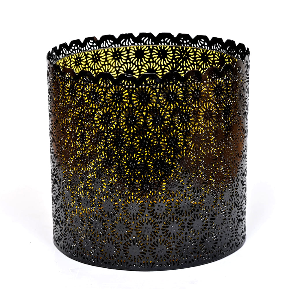 Amber Glass and Scalloped Black Iron Lattice Hurricane