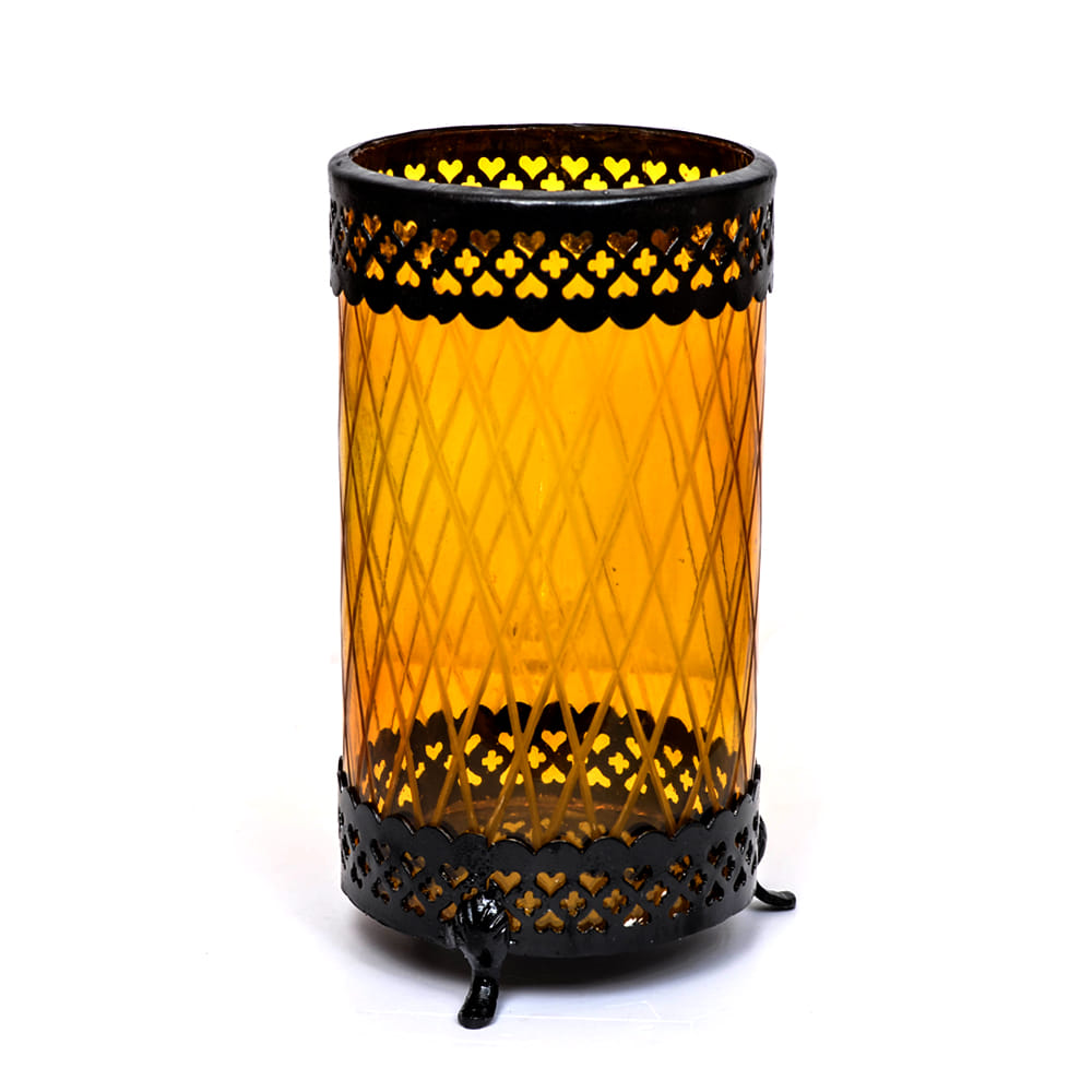 Amber Glass Hurricane, with Black Iron Rim