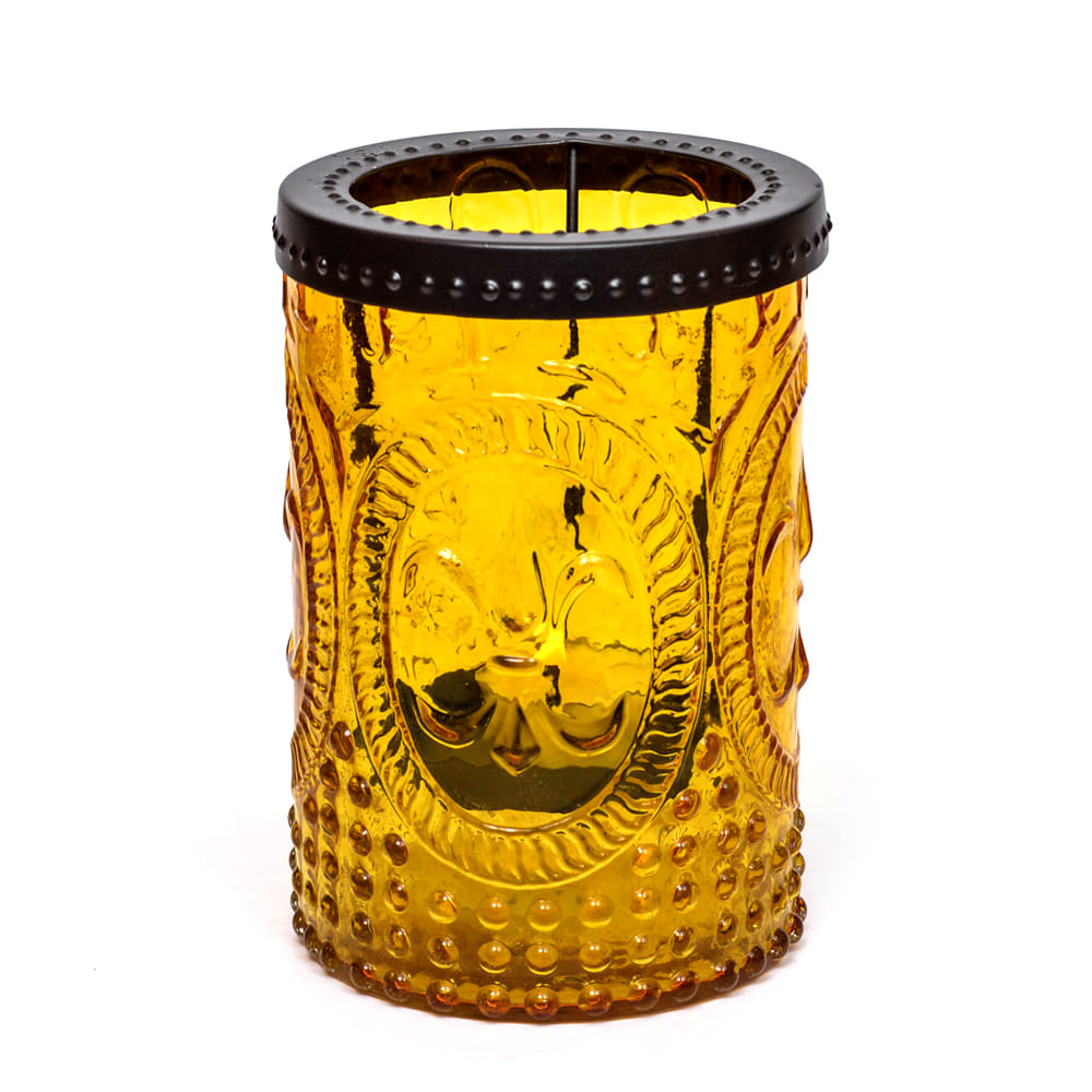 Embossed Amber Glass Hurricane, with Black Iron Rim