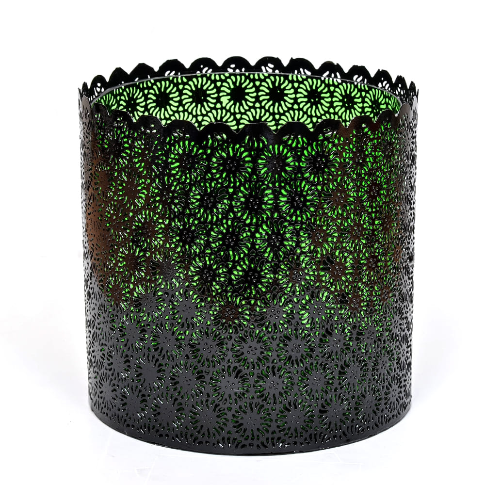 Light Green Glass and Scalloped Black Iron Lattice Hurricane