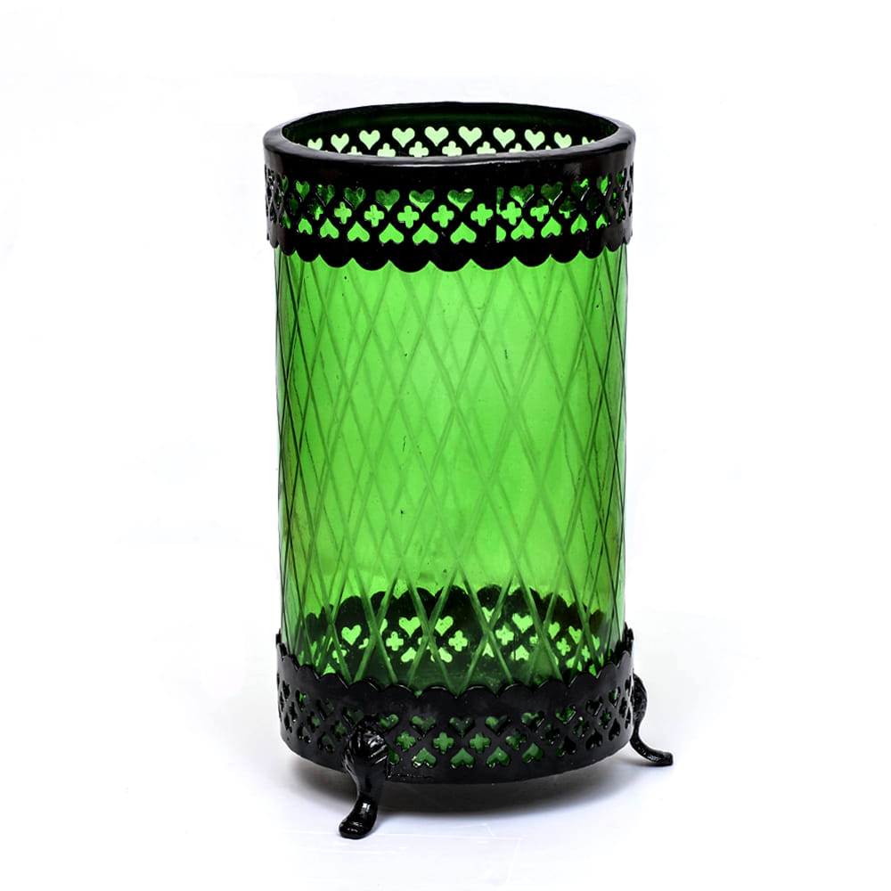 Light Green Glass Hurricane, with Black Iron Rim