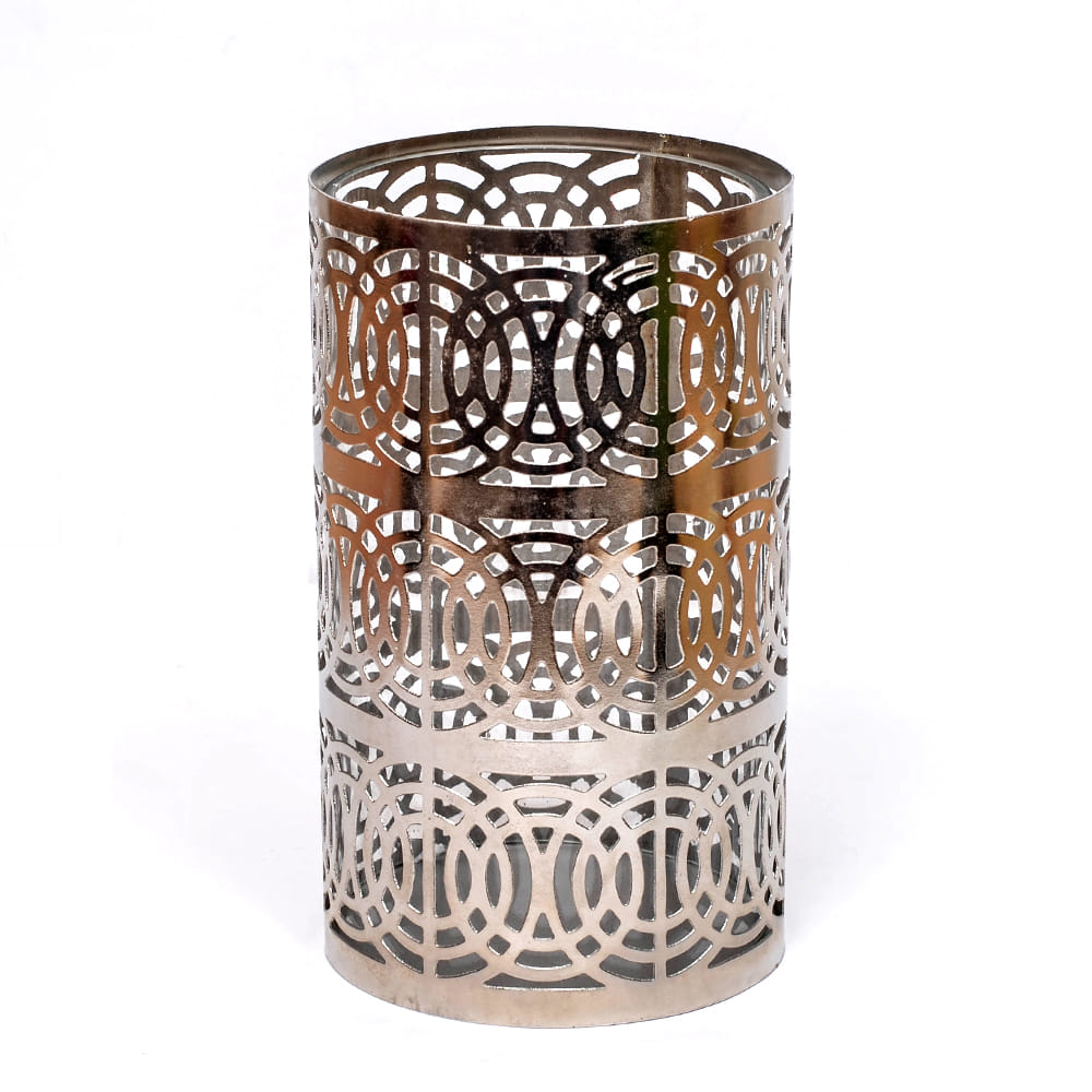 Linked Circles Clear Glass and Iron Lattice Hurricane