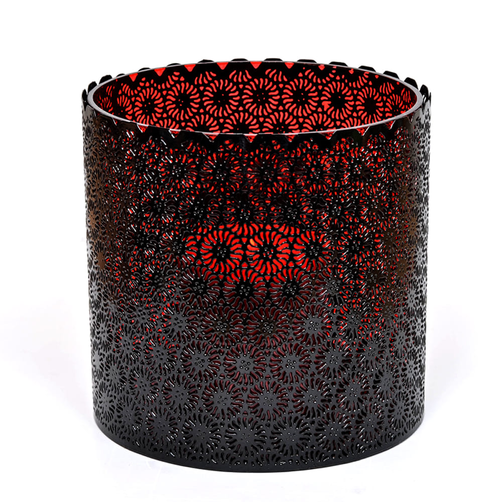 Red Glass and Scalloped Black Iron Lattice Hurricane