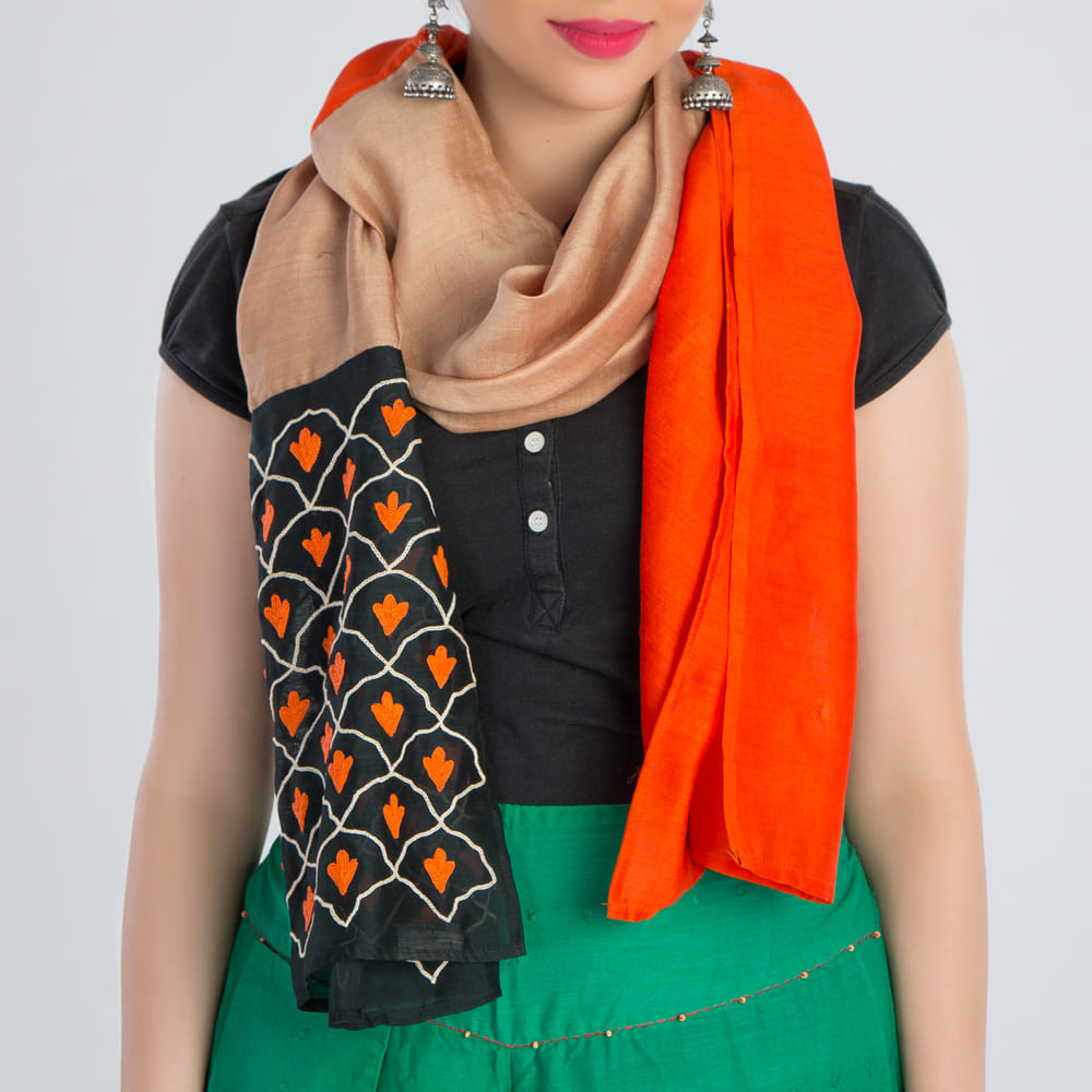 Orange Beige  Embroidered Silk Stole