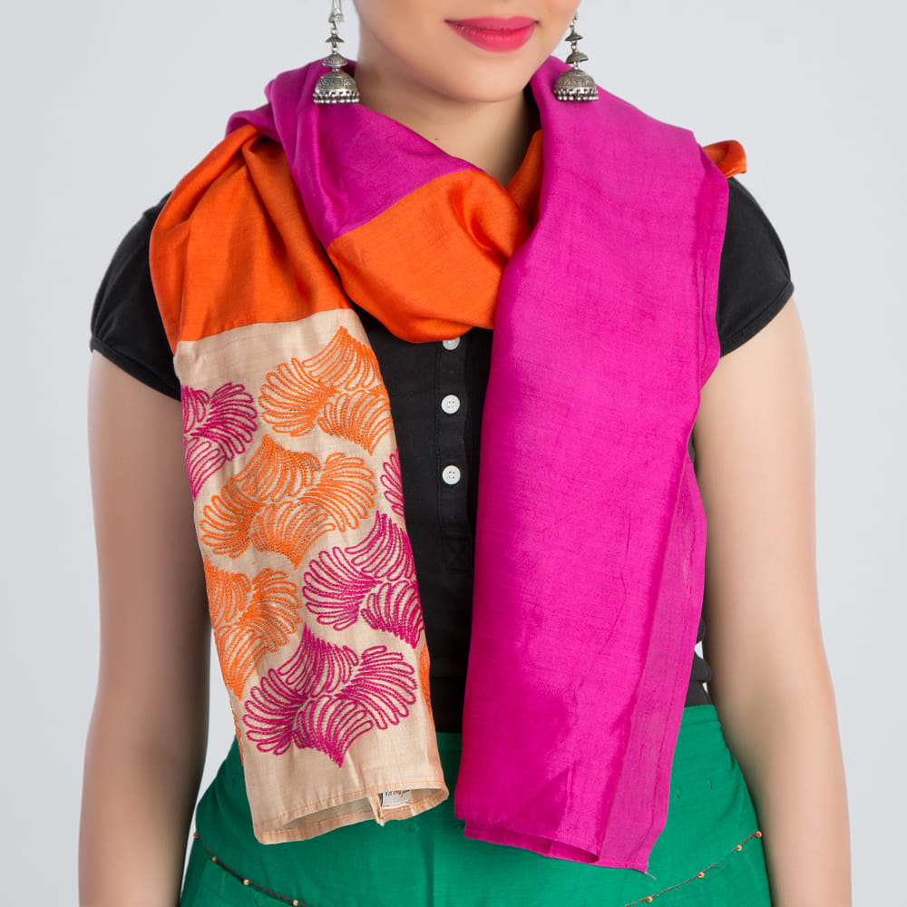 Orange Pink Embroidered Silk Stole