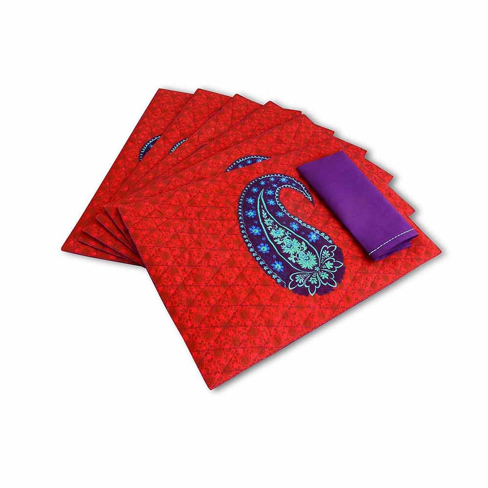 Blue Paisley Quilted  Table Mat and Napkin(Set of 6)