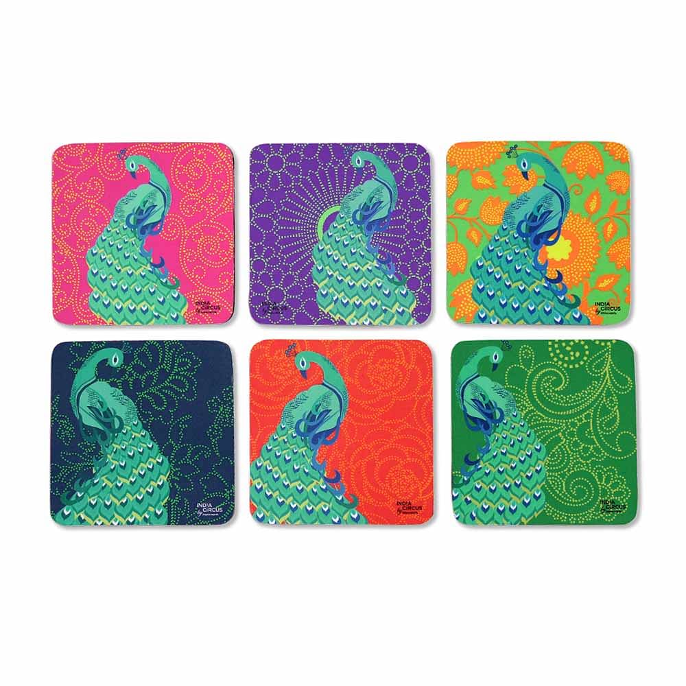 Kuheli Floral Peacock Dance Rubber coasters - (Set of 6)