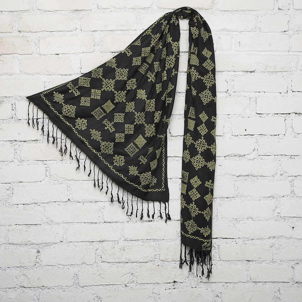 Black Kolam Blockprinted Cotton Stole