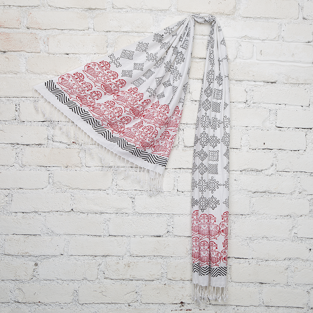White Mridangam & Kolam Blockprinted Cotton Stole