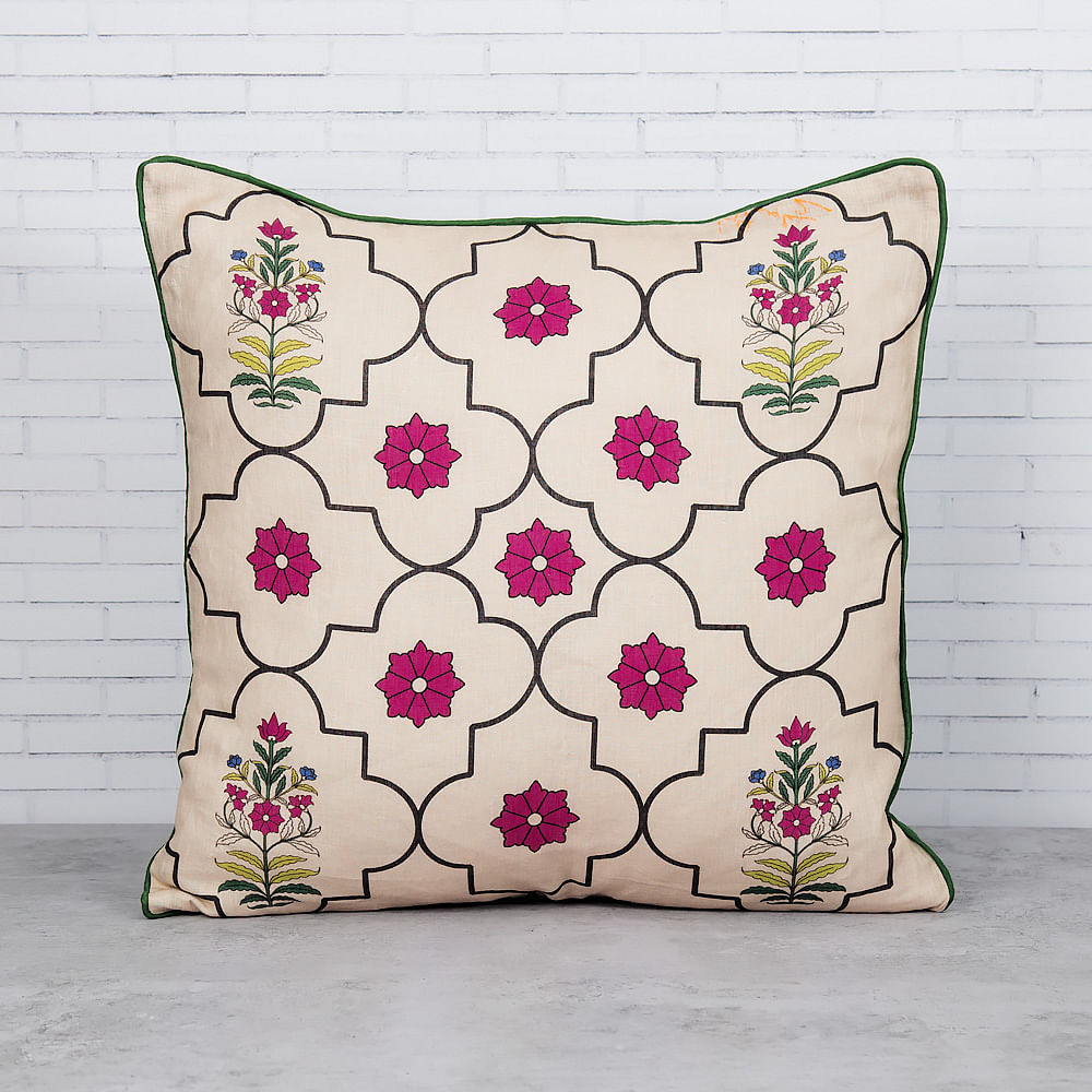 Floral Lattice Linen Cushion Cover