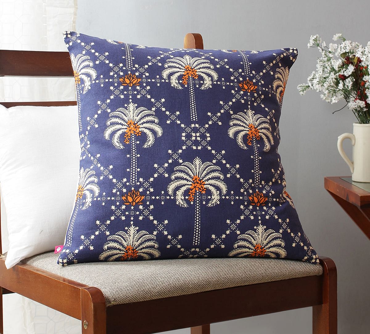 India Circus Poly Palmeira Blue Cotton Cushion Cover