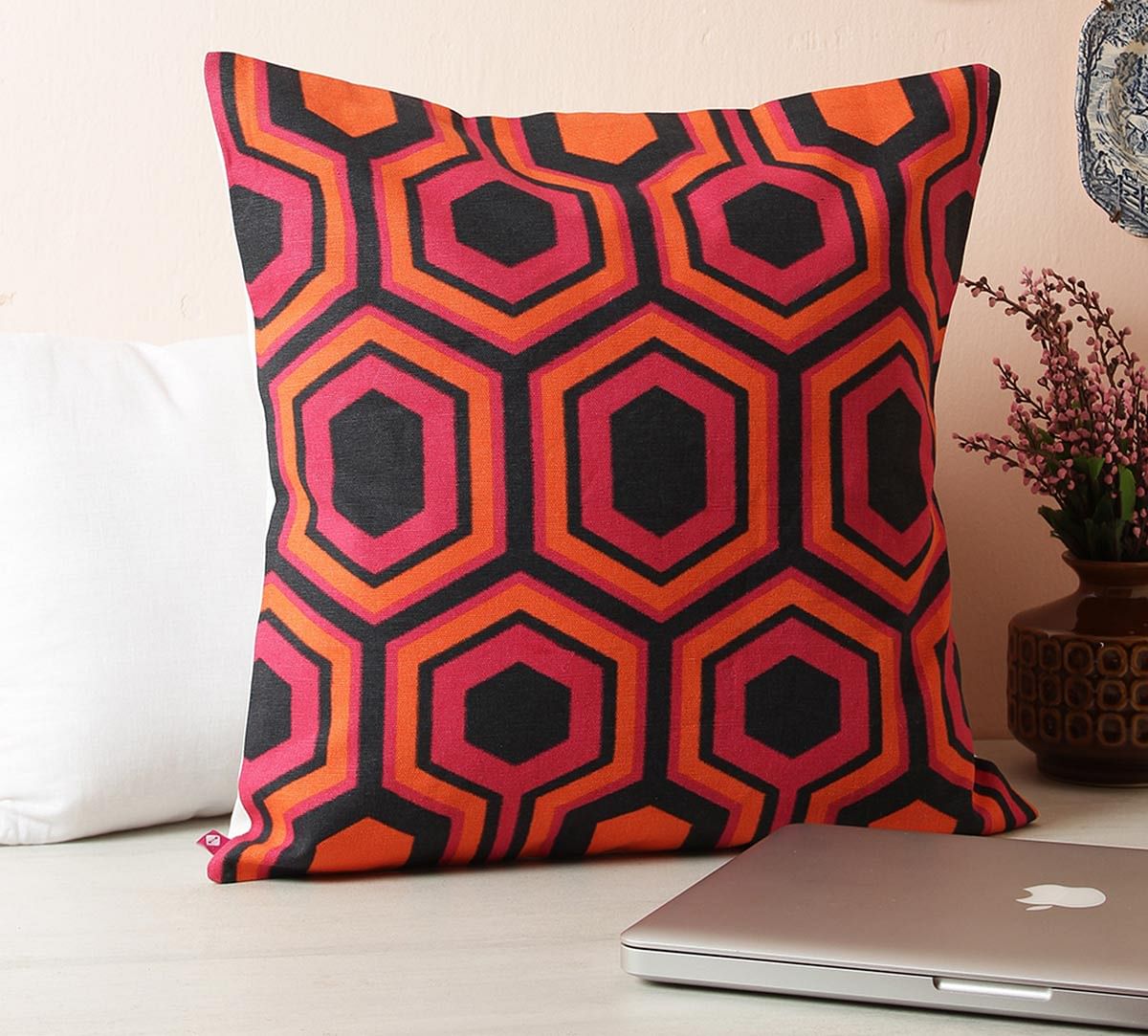 India Circus Prismatic Hexagons Crimson Cotton Cushion Cover