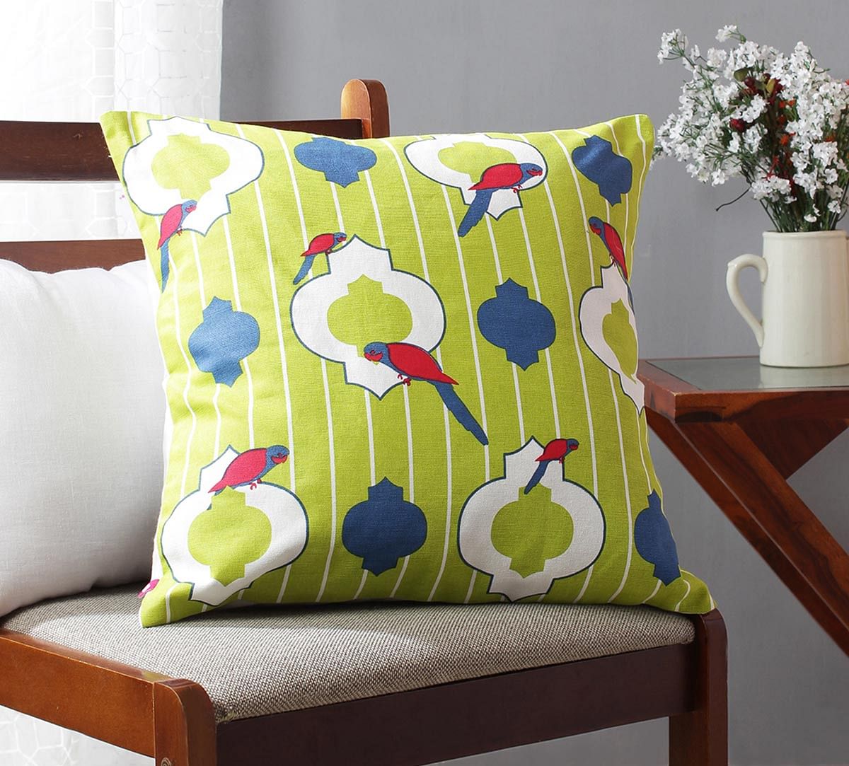India Circus Peeking Parrots Green Cotton Cushion Cover