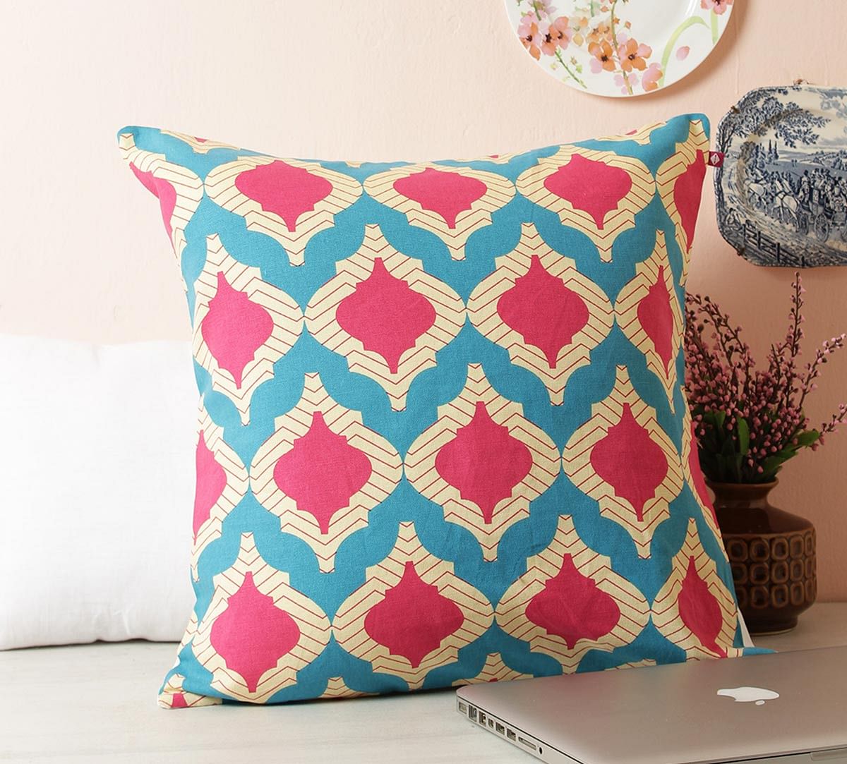India Circus Lattice Practice Turquoise Blue Cotton Cushion Cover