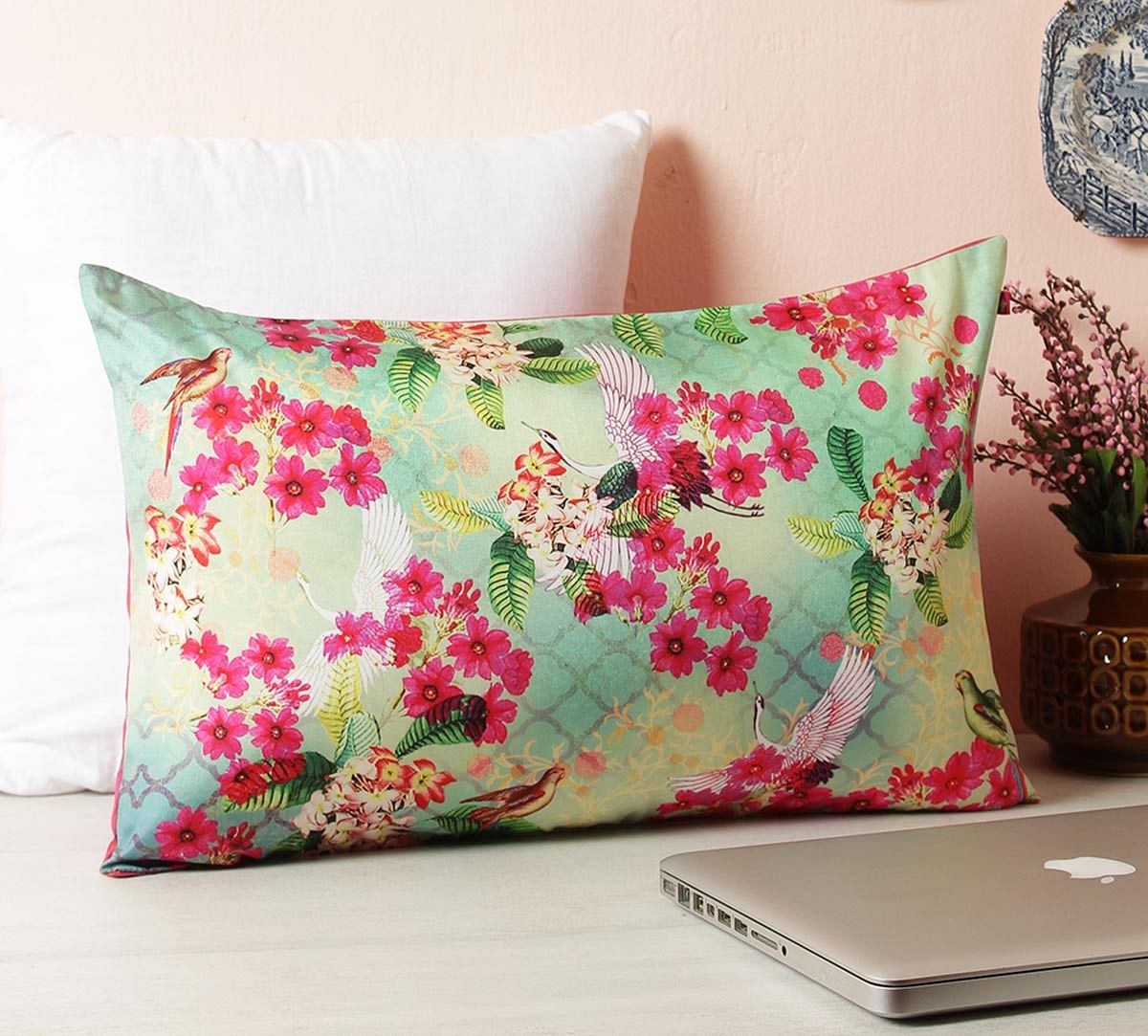 India Circus Birds Floral Paradise Blended Taf Silk Cushion Cover