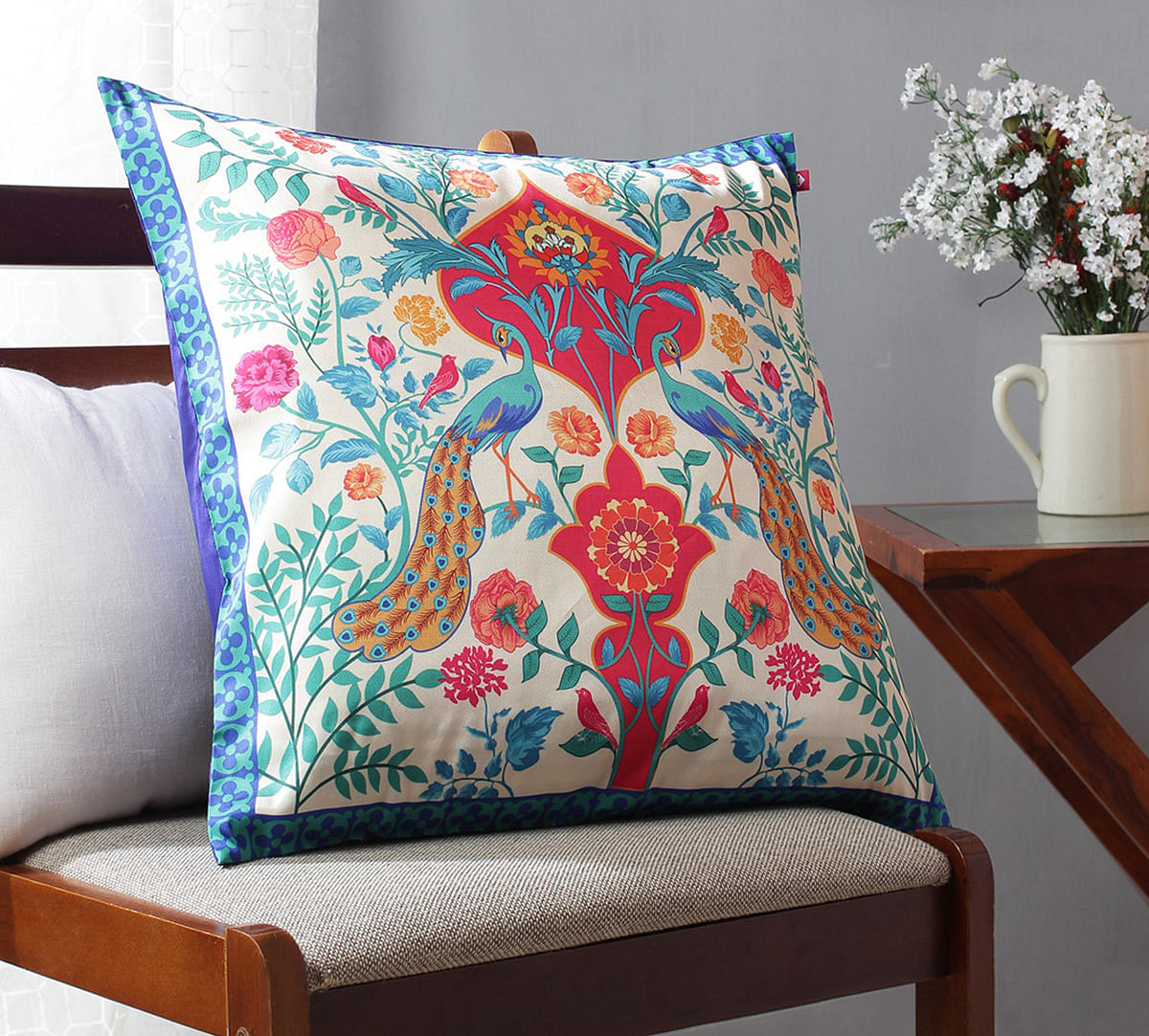 India Circus The Bright Birds and Floral Burst Blended Taf Silk Cushion Cover