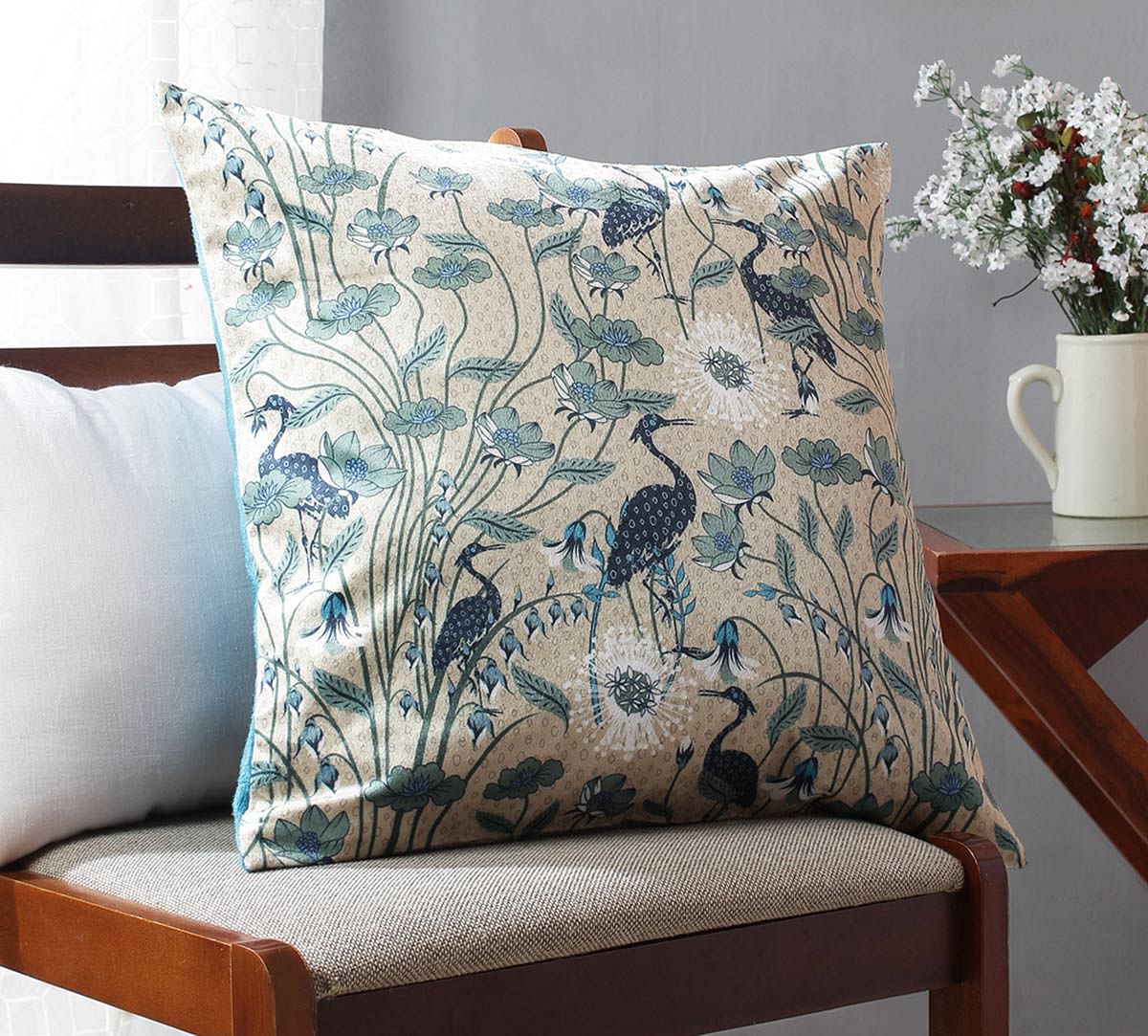 India Circus Egrets Botanical Treat Blended Velvet Cushion Cover