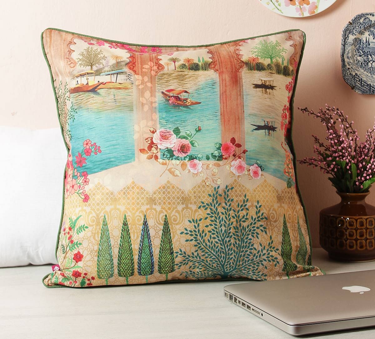 India Circus Panoramic Backwaters Blended Taf Silk Cushion Cover