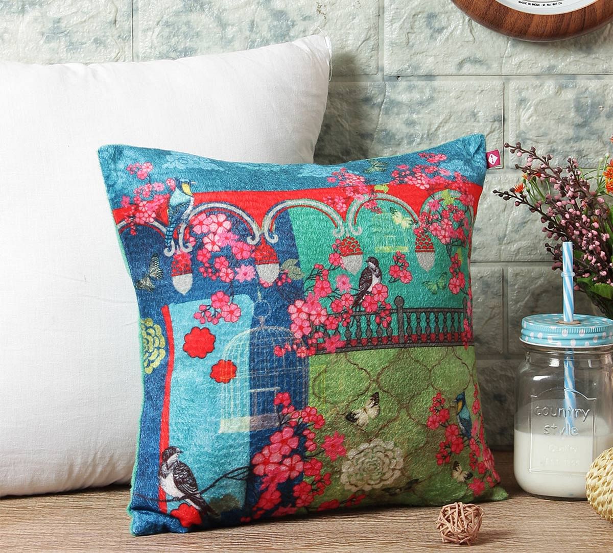 India Circus Chirping Birds Realm Blended Velvet Cushion Cover