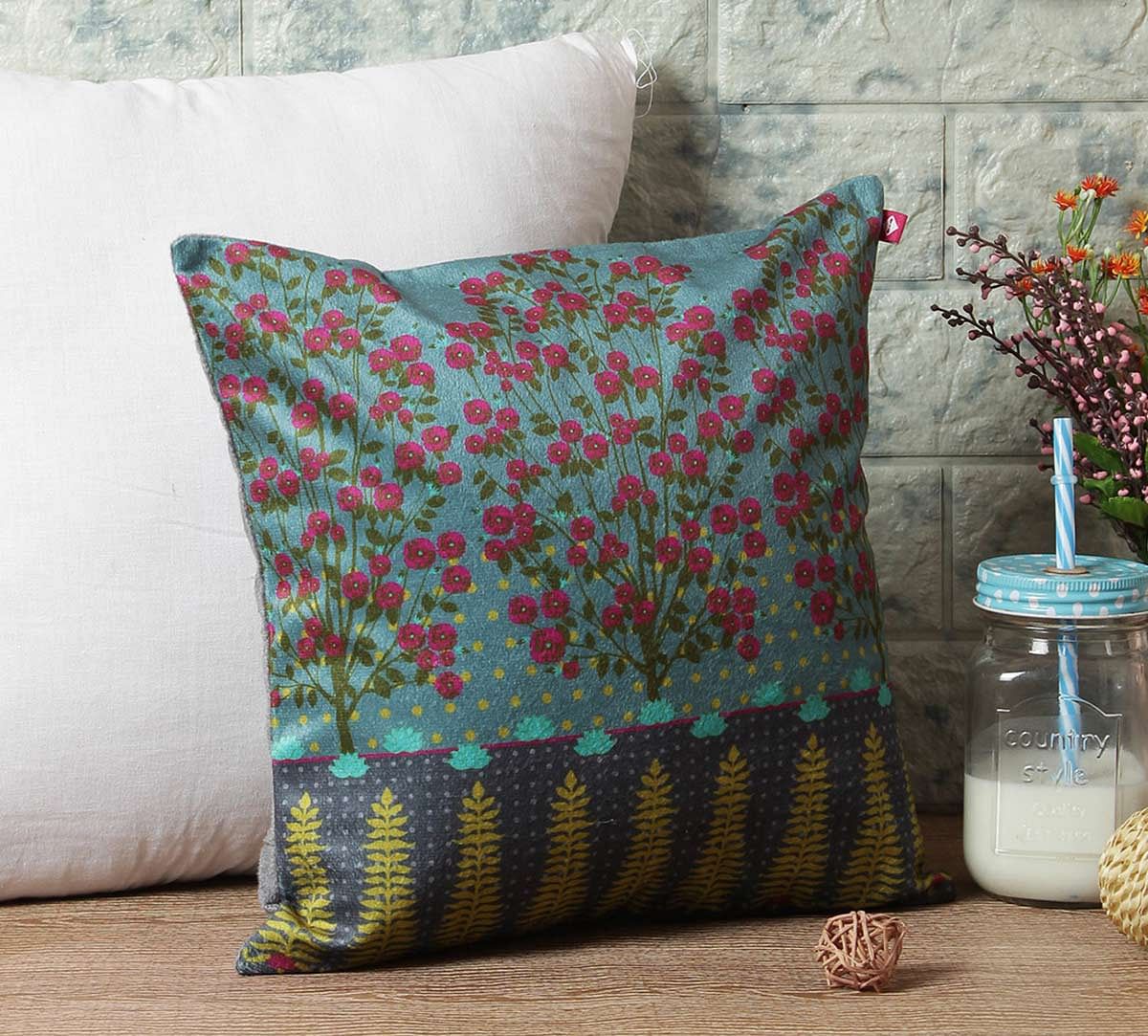 India Circus Conifer and Cherry Blossom Blended Velvet Cushion Cover