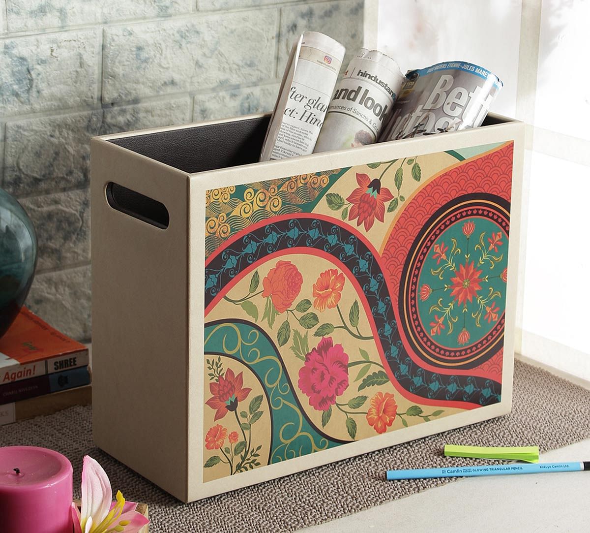 India Circus Floral Embroidery Leather Desk Organiser