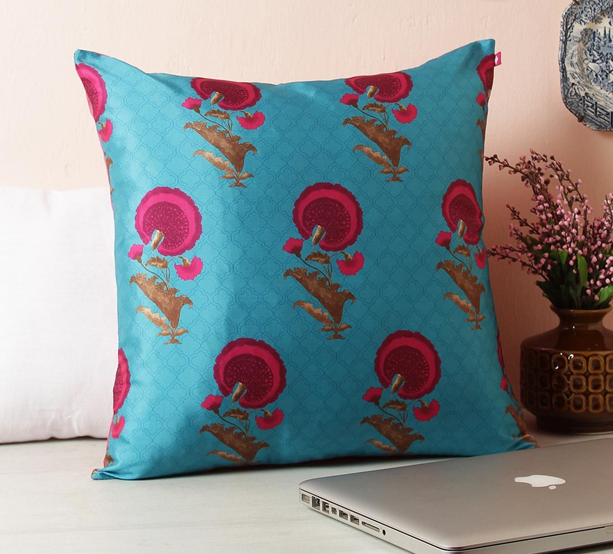 India Circus Teal Flower Regalia Blended Taf Silk Cushion Cover