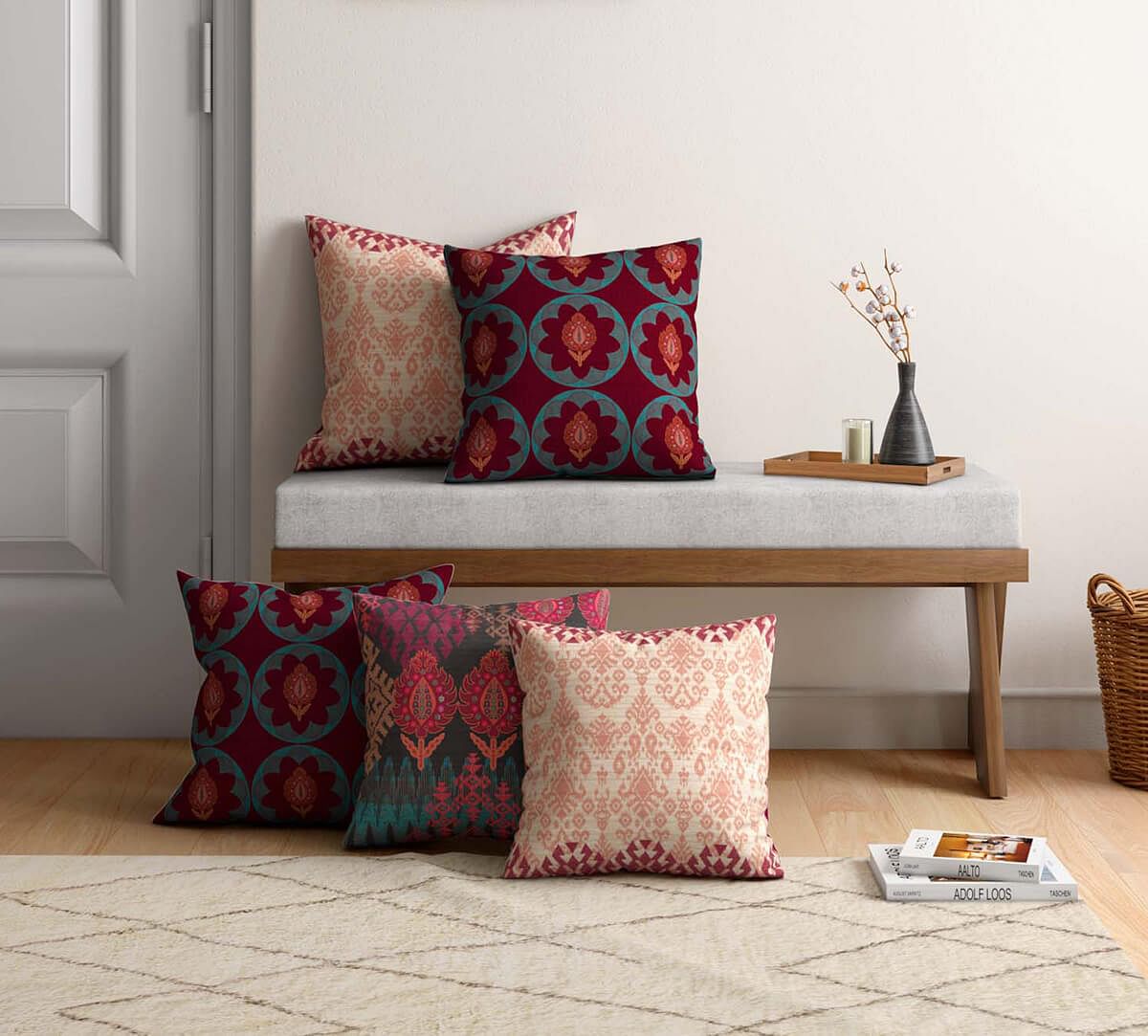 India Circus by Krsnaa Mehta Kilim Kalamkari Cushion Cover Set of 5