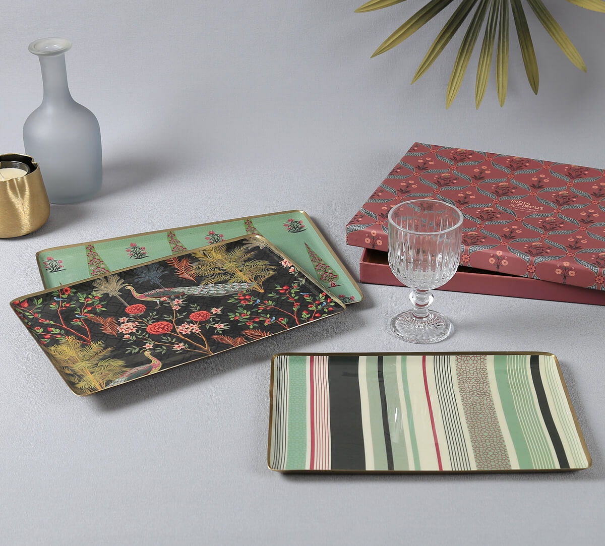 India Circus by Krsnaa Mehta Peacock and Conifer Rectangle Tray Set