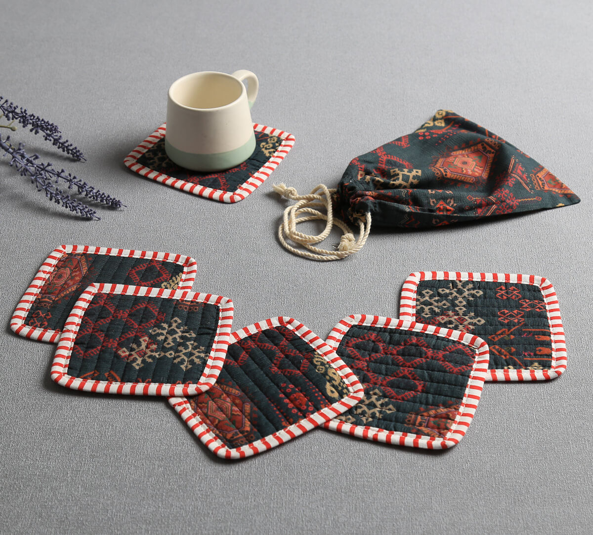 India Circus by Krsnaa Mehta Enchanting Mirage Quilted Coasters Set of 6 with Pouch