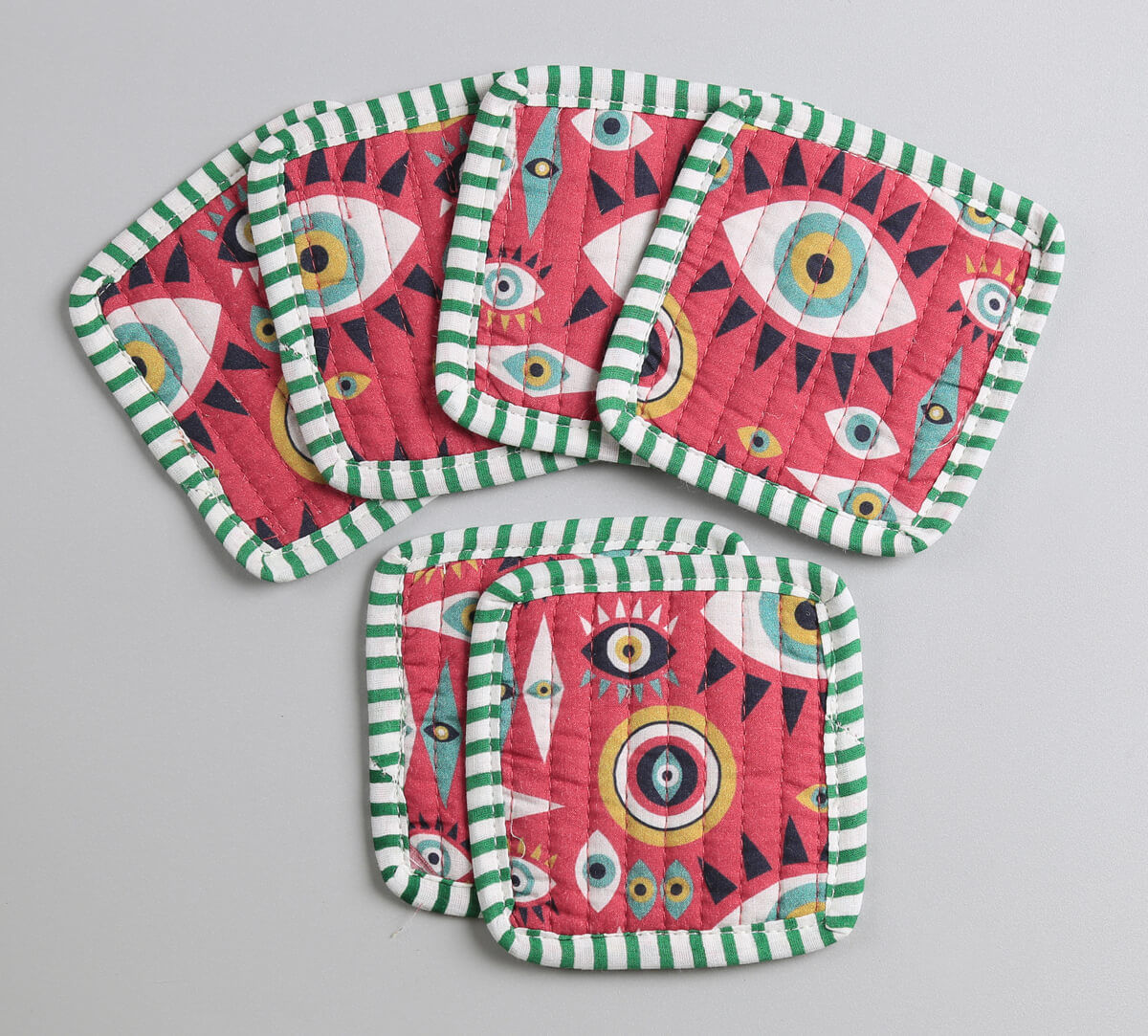 India Circus by Krsnaa Mehta Malocchio Stare Quilted Coasters Set of 6 with Pouch