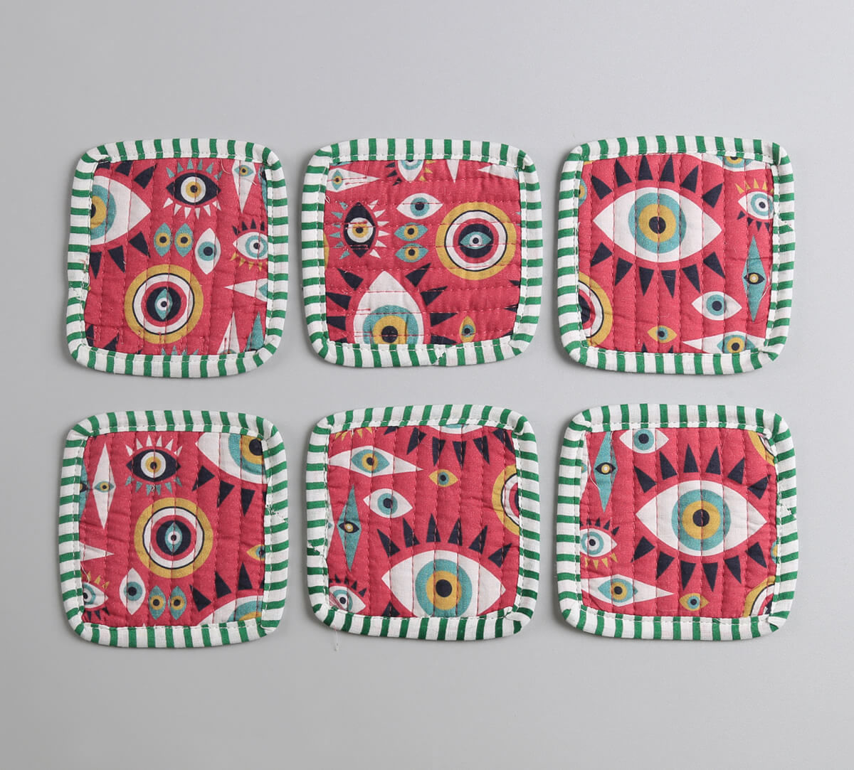 India Circus by Krsnaa Mehta Malocchio Stare Quilted Coasters Set of 6 with Pouch