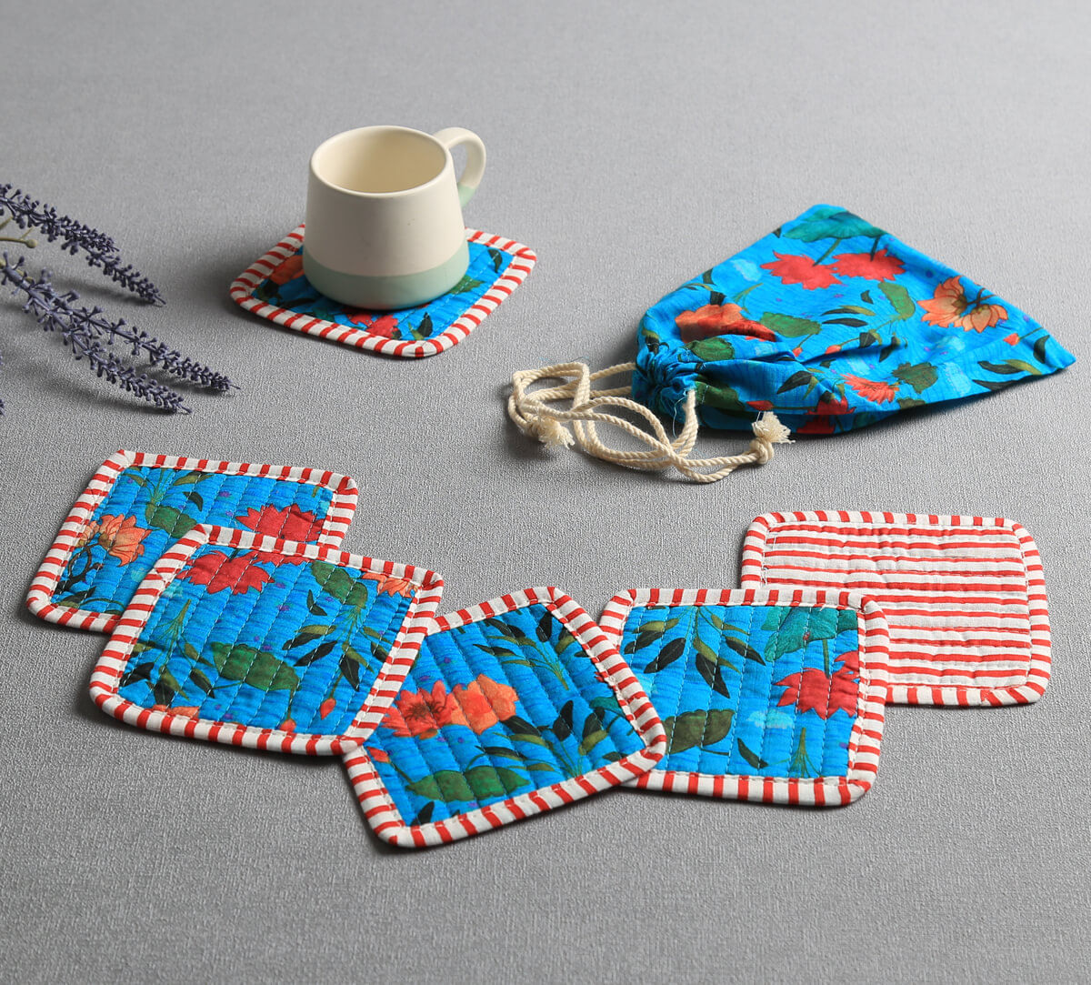 India Circus by Krsnaa Mehta Blossomy Mosaic Quilted Coasters Set of 6 with Pouch