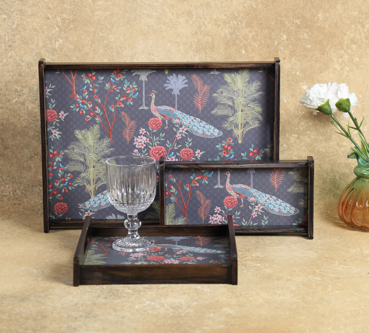 India Circus by Krsnaa Mehta Peacock Garden Trays Set of 3