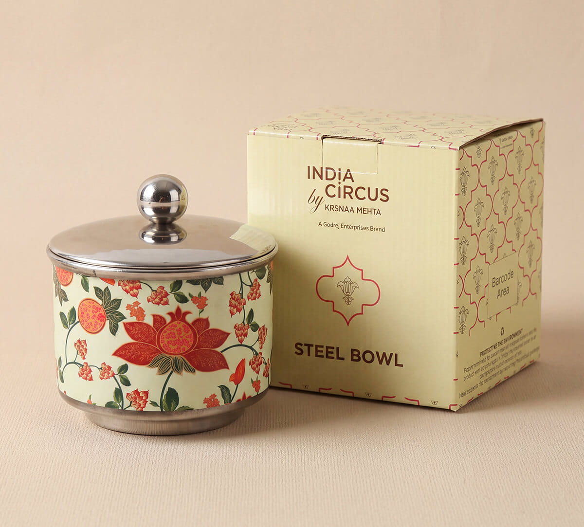 India Circus by Krsnaa Mehta Blushed Orchard Steel Bowl with Lid