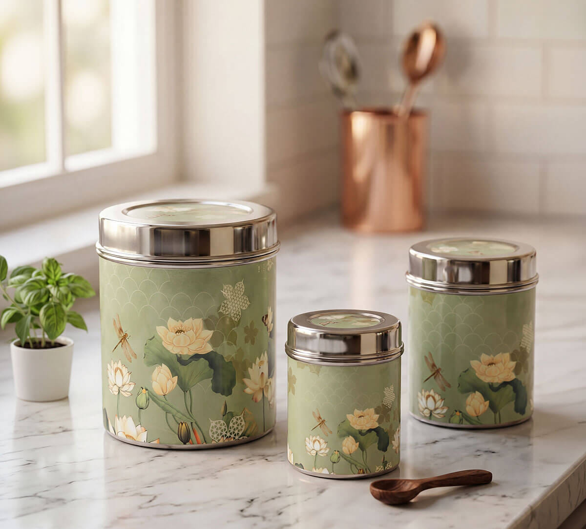 India Circus by Krsnaa Mehta Sage Serenity Steel Containers Set of 3