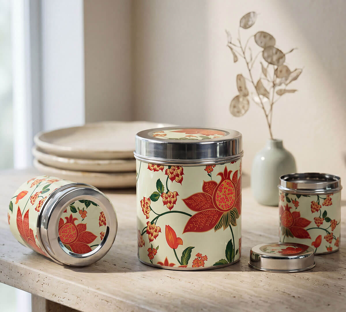 India Circus by Krsnaa Mehta Blushed Orchard Steel Containers Set of 3