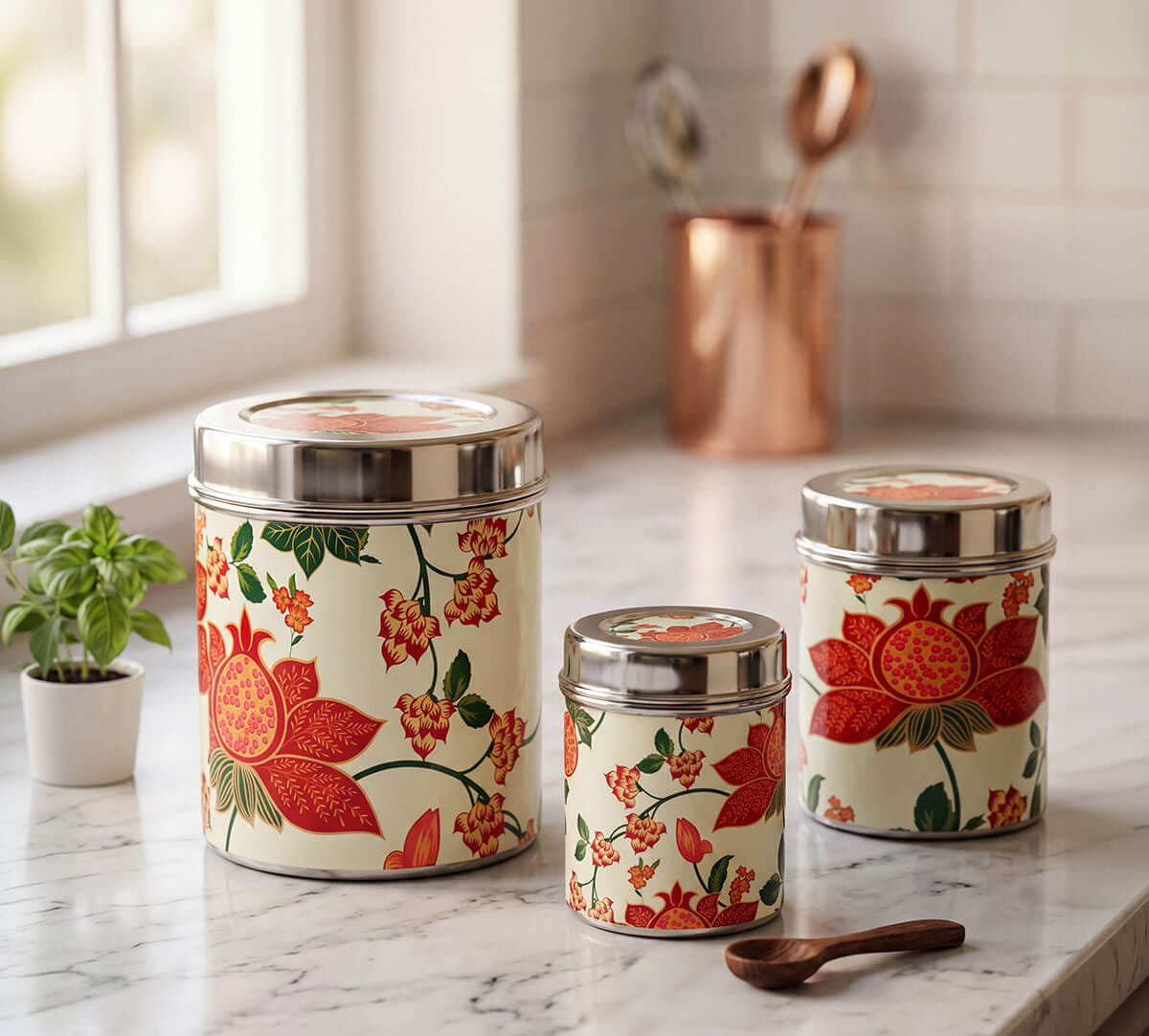 India Circus by Krsnaa Mehta Blushed Orchard Steel Containers Set of 3