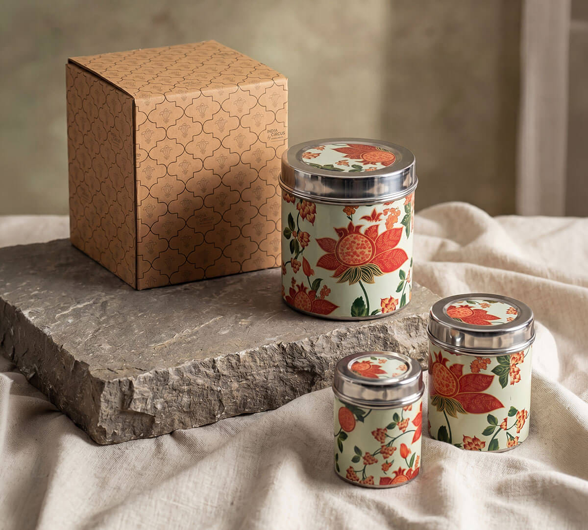 India Circus by Krsnaa Mehta Blushed Orchard Steel Containers Set of 3