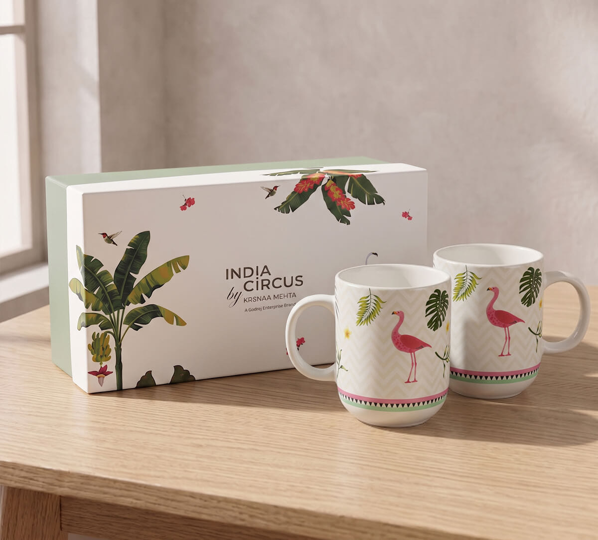 India Circus by Krsnaa Mehta Foraging Flamingo Porcelain Oval Mug Set of 2
