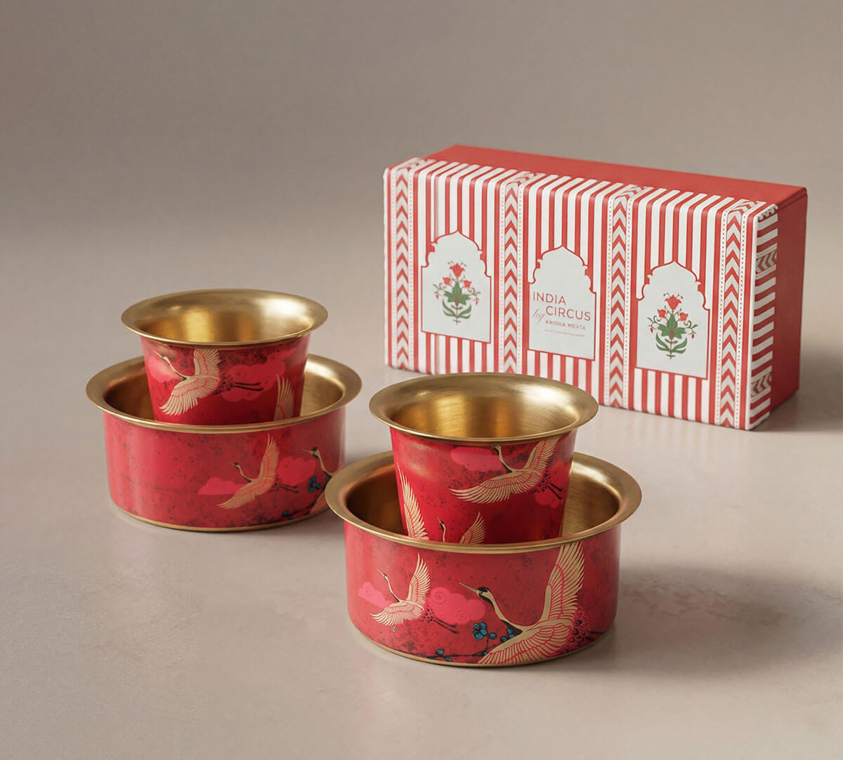 India Circus by Krsnaa Mehta Legend of the Cranes Brass Coffee Tumbler Set of 2