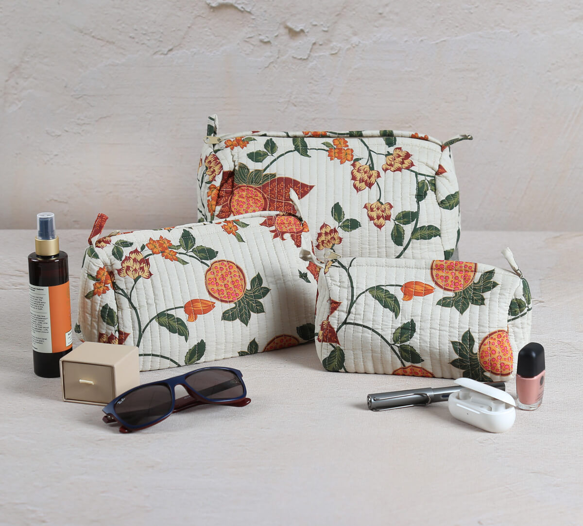 India Circus by Krsnaa Mehta Blushed Orchard Quilted Utility Pouch Set of 3